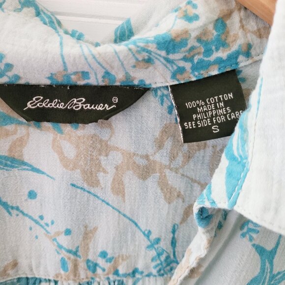 Eddie Bauer Top Womens Small Blue Floral Print Gauzy Cotton Long Sleeve Sheer - Picture 5 of 7